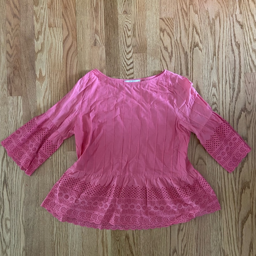 LOFT 3/4 Sleeve Peplum Top with Lace Cut Out Detail